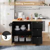Versatile Kitchen Island with 3 Drawers and 2-Door Cabinet, Space-Saving Rolling Trolley with Foldable Worktop, 135L x 70W x 90H cm, Black(m-5)