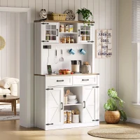 Tall Kitchen Pantry with Drawers and Remote-Controlled LEDs, Stylish Bar Cabinet with Adjustable Shelves, 100L x 40W x 172H cm, Brown+White(m-10)