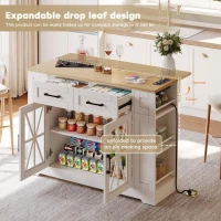 Mobile Kitchen Island with Foldable Tabletop and Sockets, Storage Buffet with Adjustable Shelves, 120L x 65W x 92H cm, White+Natural(m-5)