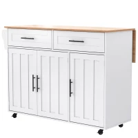 Modern Kitchen Trolley with 2 Drawers and Cabinets, Mobile Kitchen Island with Foldable Tabletop, 129L x 46W x 91.5H cm, White+Natural(m-2)