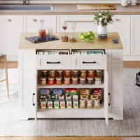 Mobile Kitchen Island with Foldable Tabletop and Sockets, Storage Buffet with Adjustable Shelves, 120L x 65W x 92H cm, White+Natural(m-1)