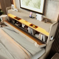 Upholstered Storage Bed with Integrated LED Lighting and USB Ports, Hydraulic Bed with Metal Slatted Frame, 225L x 156W x 111H cm, Beige(m-11)