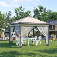 Outsunny Cort pliabil cu lumini LED 330x330 cm Pavilion de grădină cu telecomandă cu 4 plase anti-țânțari Înălțime reglabilă Bej(m-2)