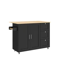 Versatile Kitchen Island with 3 Drawers and 2-Door Cabinet, Space-Saving Rolling Trolley with Foldable Worktop, 135L x 70W x 90H cm, Black(m-2)