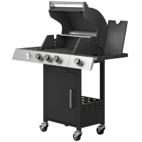 Outsunny Gasbarbecue 10,5 kW 3+1 Brander BBQ Grillwagen Roestvrij Staal incl. Zijbrander Flesopener Thermometer Gietijzeren Grillrooster(m-10)