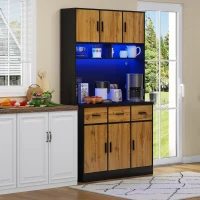 Stylish Tall Pantry Cabinet with App-Controlled LED, Spacious Larder Unit with Water-Resistant Worktop, 100L x 40W x 180H cm, Black+Natural(m-1)