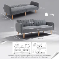 HOMCOM Schlafsofa, 2-Sitzer Stoffsofa, Sofa mit Schlaffunktion, leinenartiges Polyester, Kautschukholz, 173 x 75 x 73 cm, Grau(m-3)