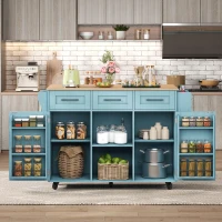 Stylish Kitchen Trolley with Foldable Wood-Grain Countertop, Versatile Buffet with Interchangeable Wheels, 139L x 46W x 91H cm, Blue(m-1)