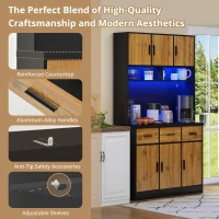 Stylish Tall Pantry Cabinet with App-Controlled LED, Spacious Larder Unit with Water-Resistant Worktop, 100L x 40W x 180H cm, Black+Natural(m-5)