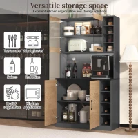 Tall Kitchen Cupboard with LED Lighting, Generous Storage, Freestanding Pantry with Microwave Shelf, 100L x 47W x 187H cm, Natural+Grey(m-6)