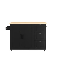 Versatile Kitchen Island with 3 Drawers and 2-Door Cabinet, Space-Saving Rolling Trolley with Foldable Worktop, 135L x 70W x 90H cm, Black(m-11)