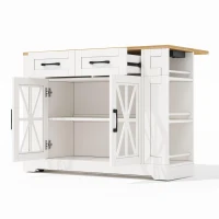 Mobile Kitchen Island with Foldable Tabletop and Sockets, Storage Buffet with Adjustable Shelves, 120L x 65W x 92H cm, White+Natural(m-12)