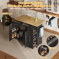 Sleek Kitchen Trolley with Drop Leaf and Pull-Out Organiser, Mobile Kitchen Island with Lockable Castors, 120L x 40W x 90H cm, Black+Natural(m-7)