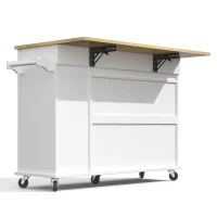 Sleek Kitchen Trolley with Drop Leaf and Pull-Out Organiser, Mobile Kitchen Island with Lockable Castors, 120L x 40W x 90H cm, White+Natural(m-12)