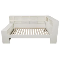 Practical Platform Bed with USB, Type-C Charging Ports and Bookcase, L-Shaped Bed with Triple-Side Storage, 234L x 116W x 90H cm, White(m-11)