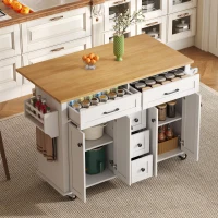 Versatile Kitchen Trolley with Extendable Worktop and 5 Drawers, Sturdy Buffet with Lockable Castors, 140L x 65W x 89H cm, White+Natural(m-10)