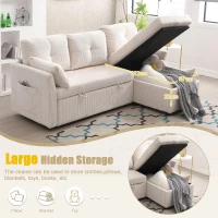 L-Shaped Convertible Sectional Sleeper Sofa with Pull Out Bed, 3-In-1 Convertible Sofa with High Storage Chaise, 206L x 130W x 88H cm, Beige(m-4)