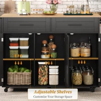 Sleek Kitchen Trolley with 2 Drawers and Cabinets, Mobile Kitchen Island with Foldable Tabletop, 129L x 46W x 91.5H cm, Black+Natural(m-5)