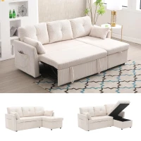 L-Shaped Convertible Sectional Sleeper Sofa with Pull Out Bed, 3-In-1 Convertible Sofa with High Storage Chaise, 206L x 130W x 88H cm, Beige(m-9)