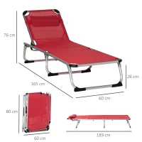 Outsunny șezlong pliabil de grădină cu pernă pentru cap, șezlong cu spătar reglabil în 4 trepte, pat de camping, suport până la 120 kg, pentru exterior/park/grădină, roșu(m-3)