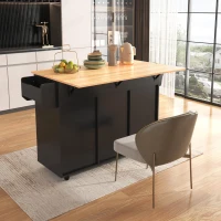 Stylish Kitchen Trolley with Foldable Wood-Grain Countertop, Versatile Buffet with Interchangeable Wheels, 139L x 46W x 91H cm, Black+Natural(m-10)