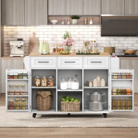 Stylish Kitchen Trolley with Foldable Wood-Grain Countertop, Versatile Buffet with Interchangeable Wheels, 139L x 46W x 91H cm, White(m-1)