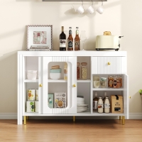 Multifunctional Bar Cabinet with Rotating Extendable Tabletop, Space-Saving Sideboard with Sliding Doors, 122L x 40W x 82H cm, White