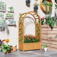 Outsunny Jardiniere înălțată ghiveci de plantare cu grilaj, acoperiș arcuit spalier ghiveci din lemn 83 x 36 x 145cm Maro deschis(m-4)