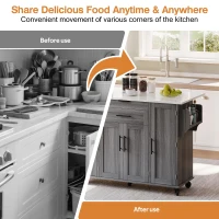 Versatile Kitchen Trolley with Fold-Out Worktop and Lockable Castors, Spacious Kitchen Island with Cabinets, 136L x 70W x 92H cm, Gray(m-7)