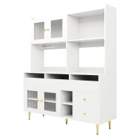 Multifunctional Sideboard with Changhong Glass Door and Glass Holder, Spacious Buffet with Multiple Drawers, 145L x 39W x 171H cm, White(m-13)