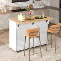 Modern Kitchen Trolley with 2 Drawers and Cabinets, Mobile Kitchen Island with Foldable Tabletop, 129L x 46W x 91.5H cm, White+Natural(m-11)