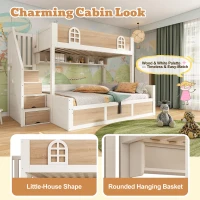 Cabin-Style Bunk Bed with Staircase Storage Cube & Hanging Baskets, Hydraulic-Lift Bed for Children, 244L x 140W x 155H cm, Natural+White(m-4)
