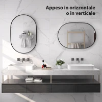 HOMCOM Specchio Bagno Ovale da Parete con Cornice in Alluminio, Verticale o Orizzontale, 60x90cm, Nero(m-6)