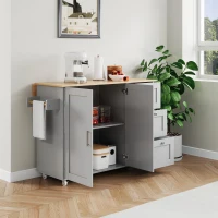 Versatile Kitchen Island with 3 Drawers and 2-Door Cabinet, Space-Saving Rolling Trolley with Foldable Worktop, 135L x 70W x 90H cm, Grey(m-9)