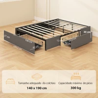 HOMCOM Cama com Baú 140x190 cm Estrutura de Cama de Casal Estofada com 3 Gavetas Estrado com Ripas em LVL Silenciosa Cinza(m-3)