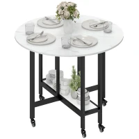 HOMCOM Folding Dining Table, Drop Leaf Table with Open Shelf, Rolling Kitchen Table for Dining Room, Small Spaces, White Marble(m-11)