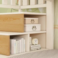 Cabin-Style Bunk Bed with Staircase Cabinet & Underbed Storage, Space-Saving Single Bed for Kids, 243L x 95W x 152H cm, Natural+White(m-10)