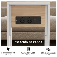 HOMCOM Mesa Auxiliar para Sofá con Encimera Plegable y Estación de Carga Forma de C para Salón Blanco y Natural(m-6)