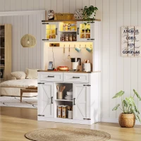 Tall Kitchen Pantry with Drawers and Remote-Controlled LEDs, Stylish Bar Cabinet with Adjustable Shelves, 100L x 40W x 172H cm, Brown+White(m-9)