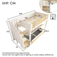 Cabin-Style Bunk Bed with Staircase Cabinet & Underbed Storage, Space-Saving Single Bed for Kids, 243L x 95W x 152H cm, Natural+White(m-3)