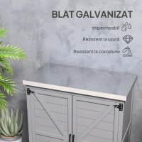 Outsunny - Dulap de Depozitare pentru Exterior, Cutie de Depozitare din Lemn cu Blat Metalic și Rafturi, Banc de Lucru pentru Grădină cu Uși Duble, Gri(m-5)