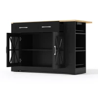 Mobile Kitchen Island with Foldable Tabletop and Sockets, Storage Buffet with Adjustable Shelves, 120L x 65W x 92H cm, Black+Natural(m-13)