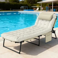 Outsunny Zonnebed, 4-Standen Verstelbare Rugleuning, Kussen, Zijvak, Hoofdsteun, 68 x 189 x 30 cm, Beige(m-8)