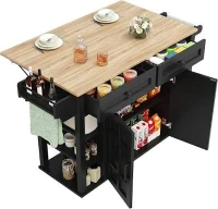 Sleek Kitchen Trolley with 2 Drawers and Cabinets, Mobile Kitchen Island with Foldable Tabletop, 129L x 46W x 91.5H cm, Black+Natural(m-2)