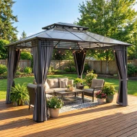 Outsunny 3 x 3.6 m Outdoor Hardtop Gazebo Canopy with 2-Tier Roof, Permanent Pavilion Garden Metal Gazebo with Sides, Dark Grey(m-2)