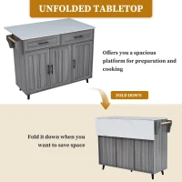 Sleek Kitchen Trolley with 2 Drawers and Foldable Tabletop, Mobile Kitchen Island with Wood Veneer, 129L x 46W x 91.5H cm, Grey+White(m-6)