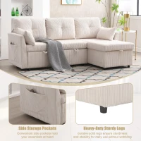 L-Shaped Convertible Sectional Sleeper Sofa with Pull Out Bed, 3-In-1 Convertible Sofa with High Storage Chaise, 206L x 130W x 88H cm, Beige(m-5)