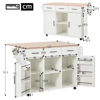 Stylish Kitchen Trolley with Foldable Wood-Grain Countertop, Versatile Buffet with Interchangeable Wheels, 139L x 46W x 91H cm, White(m-3)