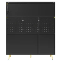 Country-Style Sideboard with Fluted Glass Doors and App-Controlled LED Strip, Storage Buffet with Pegboard Back, 145L x 39W x 171H cm, Black(m-14)