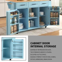 Stylish Kitchen Trolley with Foldable Wood-Grain Countertop, Versatile Buffet with Interchangeable Wheels, 139L x 46W x 91H cm, Blue(m-5)